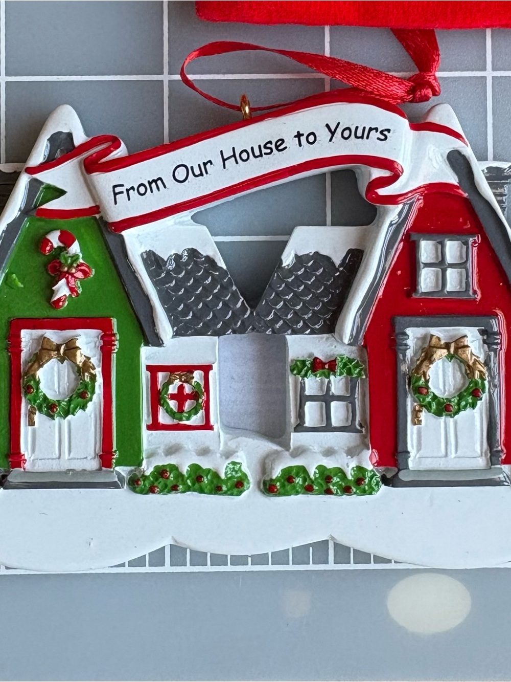 Holiday House Ornament - From Our House to Yours (Red & Green) & Gift Bag